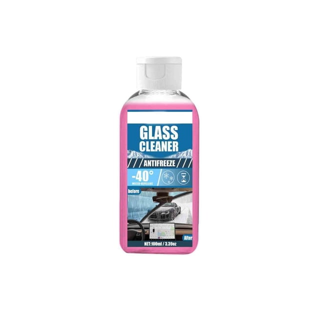 100mL Antifreeze Windshield Washer Fluid for Cars, featuring a concentrated formula with a -40°C freeze point. The pink fluid is designed to melt ice, repel rain, and remove bugs, ensuring clear visibility in winter conditions. Packaged in a compact, easy-to-carry bottle, it is suitable for windshields and mirrors. The label highlights its antifreeze properties and multi-purpose use.