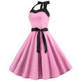 thumbnail image 1 of Robe à Manches Courtes pour Femmes Mode Robe Trapèze Évasée Vintage pour Femmes à Col Licou avec Nœud, Robe de Bal Évasée à Manches Courtes à Pois, Robe de Fête, 1 of 7