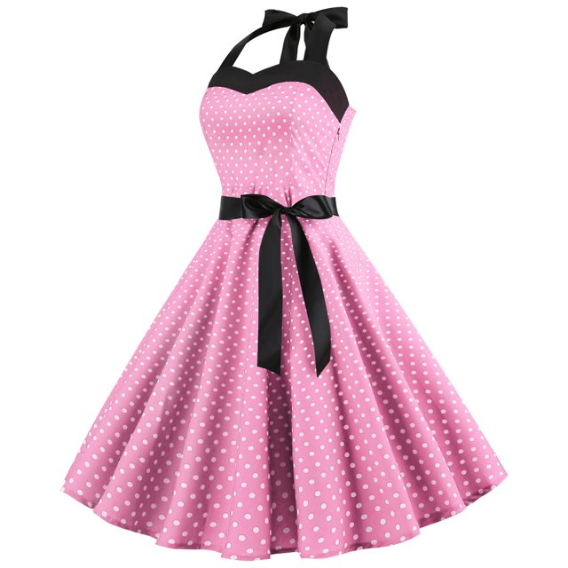 Robe à Manches Courtes pour Femmes Mode Robe Trapèze Évasée Vintage pour Femmes à Col Licou avec Nœud, Robe de Bal Évasée à Manches Courtes à Pois, Robe de Fête