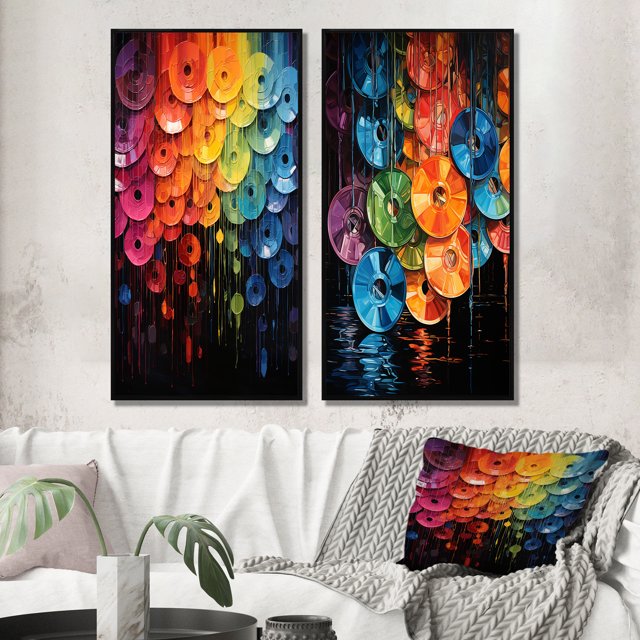 Designart « Shimmering Beats Compact Discs wall art II » Ensemble de 2 Toiles Encadrées à Disques Compacts - Ensemble de Toiles Encadrées Multicolore pour Déco de Salon