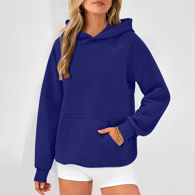 RXIRUCGD Chandail à Capuchon Décontracté pour Femme à Col Rond, Manches Longues, Couleur Unie, Bleu, Taille : TG