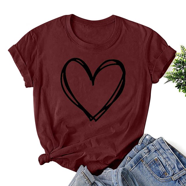 Styesk T-Shirts pour Femmes Confortables Doux Col Rond T-Shirts Chandail Mode Léger Manches Courtes T-shirt Saint-Valentin Graphique Décontracté Grande Taille Hauts Imprimé Cœur Hauts de Sortie