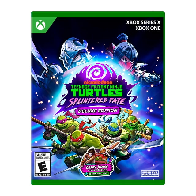 Teenage Mutant Ninja Turtles: Splintered Fate Deluxe Edition Xbox game cover featuring Leonardo, Michelangelo, Donatello, and Raphael in action with weapons, alongside Casey Jones and a masked ninja, set against a glowing blue city skyline background, includes the Casey Jones & the Junkyard Jam expansion and 10 exclusive collectible cards, compatible with Xbox Series X and Xbox One.