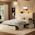 thumbnail image 1 of GUNAITO Cadre de Lit Grand Size avec 4 Tiroirs de Rangement, Revêtement en Velours, Éclairage DEL avec Ports USB et DEL Intégrés, Tête de Lit à Oreilles Moderne avec Rangement Latéral, Beige, 1 of 10