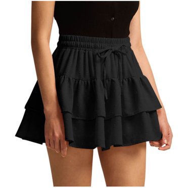 Bocqde Womens Mini Skirts Fashion Sexy Solid Color Pleated Tiered Ruffle Short Skirt Flowy A-Line Elegant Elastic High Waist Skirts for Women