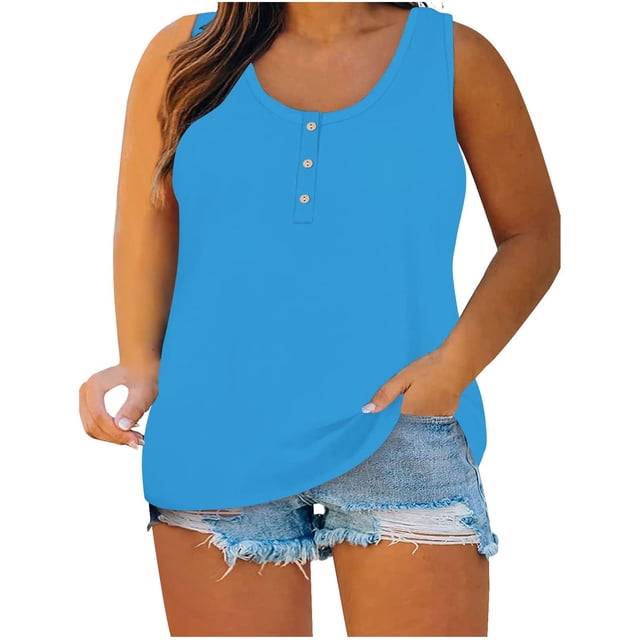 Timegard Tank Tops for Women Plus Size Round Neck Button Sleeveless Comfy Casual Loose Tops Basic Tee