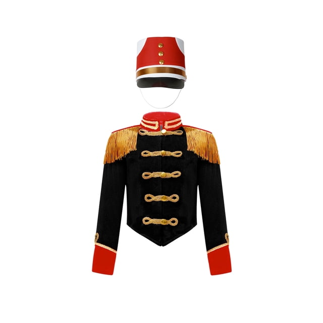 Hansber Enfants Garçons Uniforme d'Équipe de Tambour-Major Tenue de Performance de Batteur Veste à Franges de Fanfare et Chapeau Noir 6