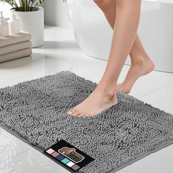 Gorilla Grip Bath Mat, Thick Soft Absorbent Chenille Floor Mats, Rubber Backing Bathmat, Quick Dry Rug, Machine Washable Rugs for Shower and Tub Floors, Bathroom Accessories Decor, 61x43 cm, Grey
