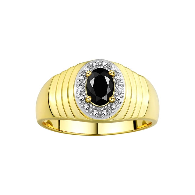 RYLOS Men's Rings 14K Yellow Gold Classic Halo Of Diamonds 7X5MM Oval Gemstone Designer Ring Onyx October Birthstone Rings For Men Size 9