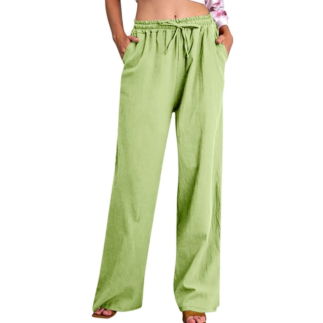 FNFYFH Clearance Womens Wide Leg Pants with Pockets Drawstring Cotton Linen Pant Solid Palazzo Trousers,Yellow