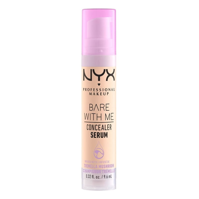 NYX Professional Makeup Bare With Me Serum Concealer 24HR Hydration in 02 Light, 9.6mL, in a slim cylindrical bottle with pink translucent pump cap, vegan formula infused with tremella mushroom, cica, and green tea for lightweight, non-cakey coverage and all-day hydration.
