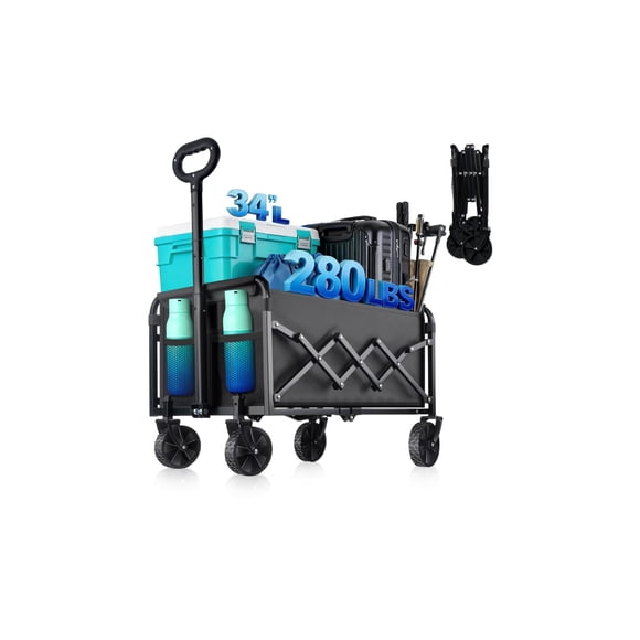 280LBS Collapsible Wagon Cart with Wheels - Heavy Duty Folding Wagon Carts for Grocery, Lightweight Utility Wagon with All-Terrain Wheels &
