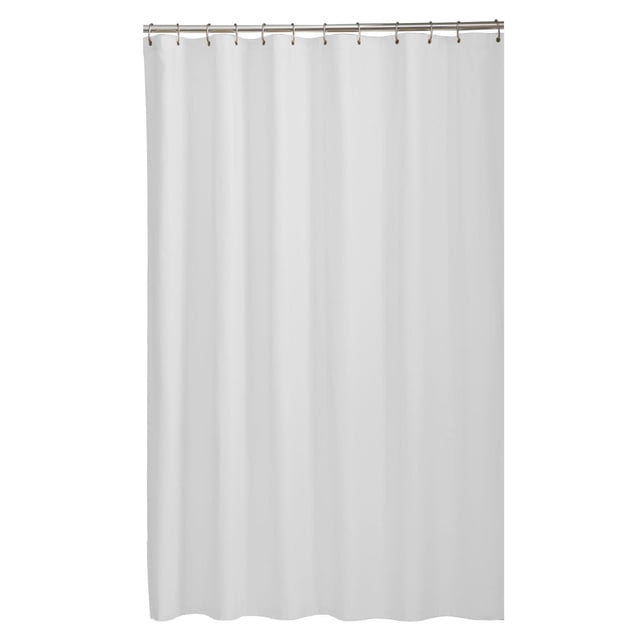 Mainstays Microfiber Fabric Shower Curtain Liner in neutral light grey with rustproof metal grommets on top for hanging on a silver rod, measuring 70 by 72 inches, water repellent and machine washable, ideal for standard tubs or showers.