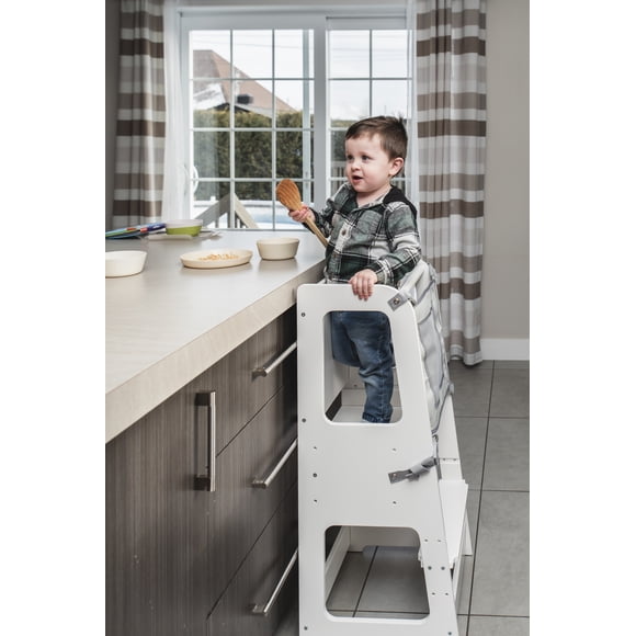 TREASURE KIDS Tour d'Apprentissage en Bois pour Tout-Petits 2 en 1 - Montessori Plateforme Debout à Hauteur Réglable Tour Debout pour Enfants - Tableau Blanc – Marchepied Aide de Cuisine Filet de Sécurité - Couleur Blanche