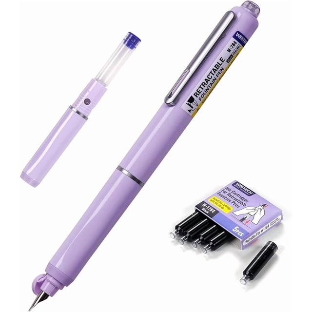 WRITECH RETRACTABLE FOUNTAIN PEN in a purple finish, featuring a fine nib and retractable design. The set includes five black ink cartridges, ideal for calligraphy, sketching, and journaling. The pen is displayed alongside its ink cartridges and packaging, emphasizing its smooth writing capabilities.