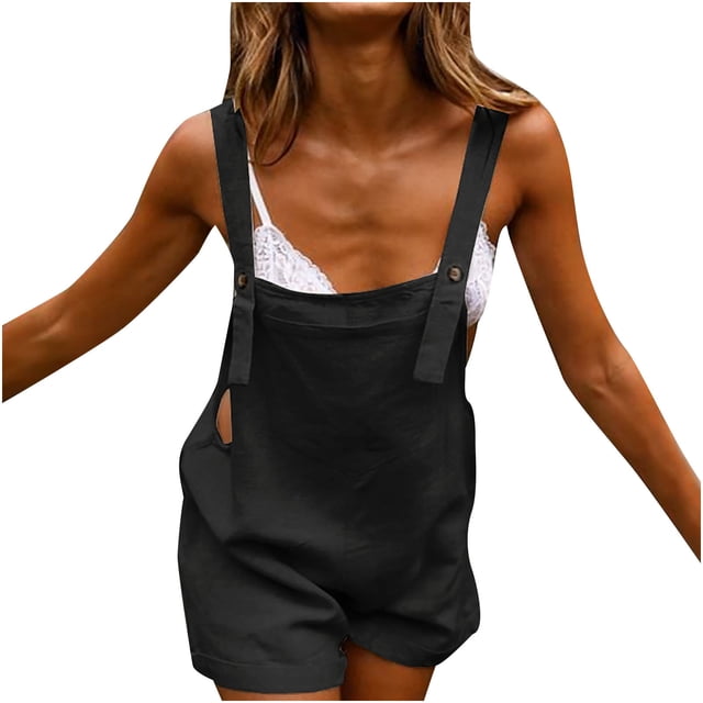 Womens Casual Summer Overalls Adjustable Straps Cotton Linen Shortalls Solid Shorts Jumpsuits Rompers with Pockets