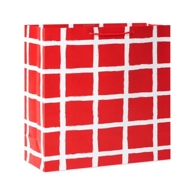 Toutes Occasions BAGS Montrant un Sac-Cadeau Rectangulaire Rouge avec un Motif à Grille Blanc et des Poignées en Corde Torsadée Rouges, Convient à l'Emballage-cadeau et aux Articles de Fête, Photographié sur un Fond Blanc.