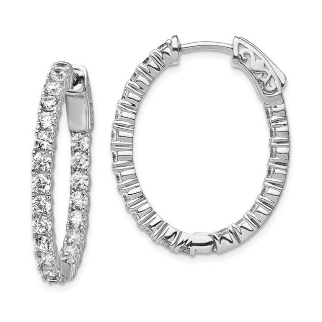 Sterling Silver Rhodium-Plated CZ Hinged Oval Hoop Earrings - Polished