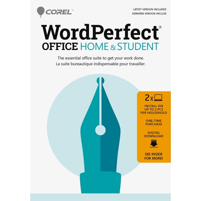 Corel WordPerfect Office Emballage de Logiciel de Téléchargement Numérique pour la Maison et les Étudiants avec une Icône de Plume de Stylo-Plume Turquoise sur un Cercle Bleu Pâle, Promouvant une suite de Bureau Essentielle pour la Maison et les Étudiants avec installation sur jusqu'à 2 Pcs, Achat Unique et Dernière version Incluse.
