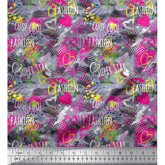 Soimoi Grey Rayon Fabric Heart,Star & Fashion Text Decor Fabric Printed Yard 56 Inch Wide