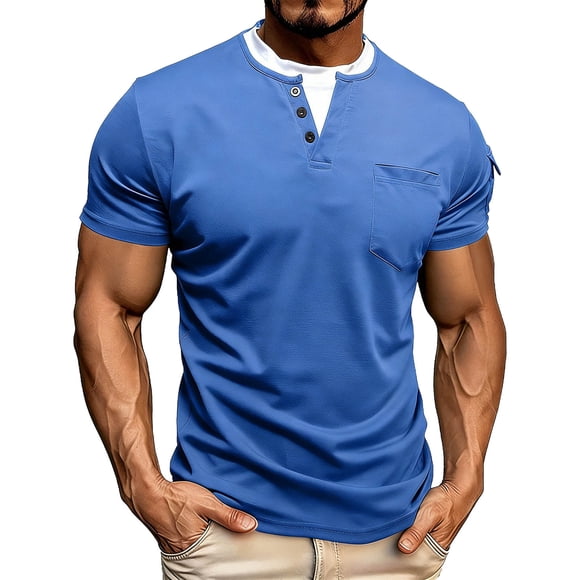 cfhntfmh Men's Casual Henley Shirts Classic Crew Neck Short Sleeve T-Shirt Button Summer Basic Solid Lightweight Tees Tops