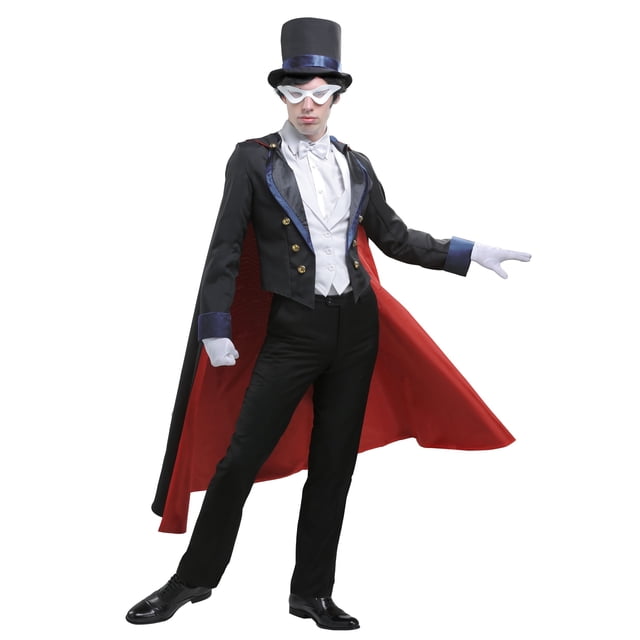 Costume de Sailor Moon Tuxedo Mask pour Homme Mettant en Vedette une Veste de Smoking Noire avec Boutons Ton or, une cape Rouge Doublée de satin et un Pantalon Ajusté Assorti. Comprend une Chemise Blanche à l'Avant avec un Nœud Papillon Attaché, un Haut-de-Forme en Mousse avec une Bande en satin Bleue, des Gants Blancs et un Masque pour les Yeux Blanc avec une Bande Élastique. Conçu pour les Événements d'Halloween Ou de cosplay.