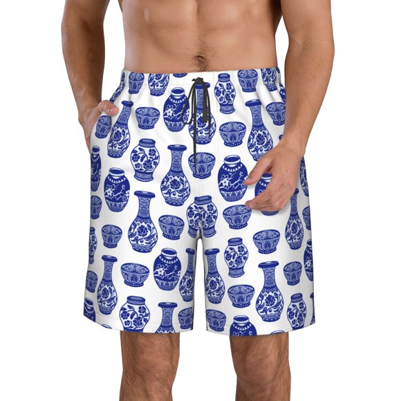 Sikiie Blue Vases Print Men's Beach Shorts, High Elastic Quick-drying Shorts - with Drawstring and Slip Pockets, Suitable for Beach, Sports, Vacation-Large
