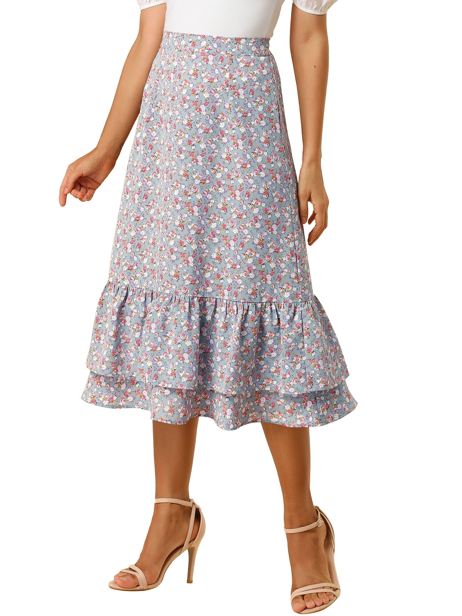 Unique Bargains Women's Floral Print Elastic Waist Ruffle Hem Midi Skirt