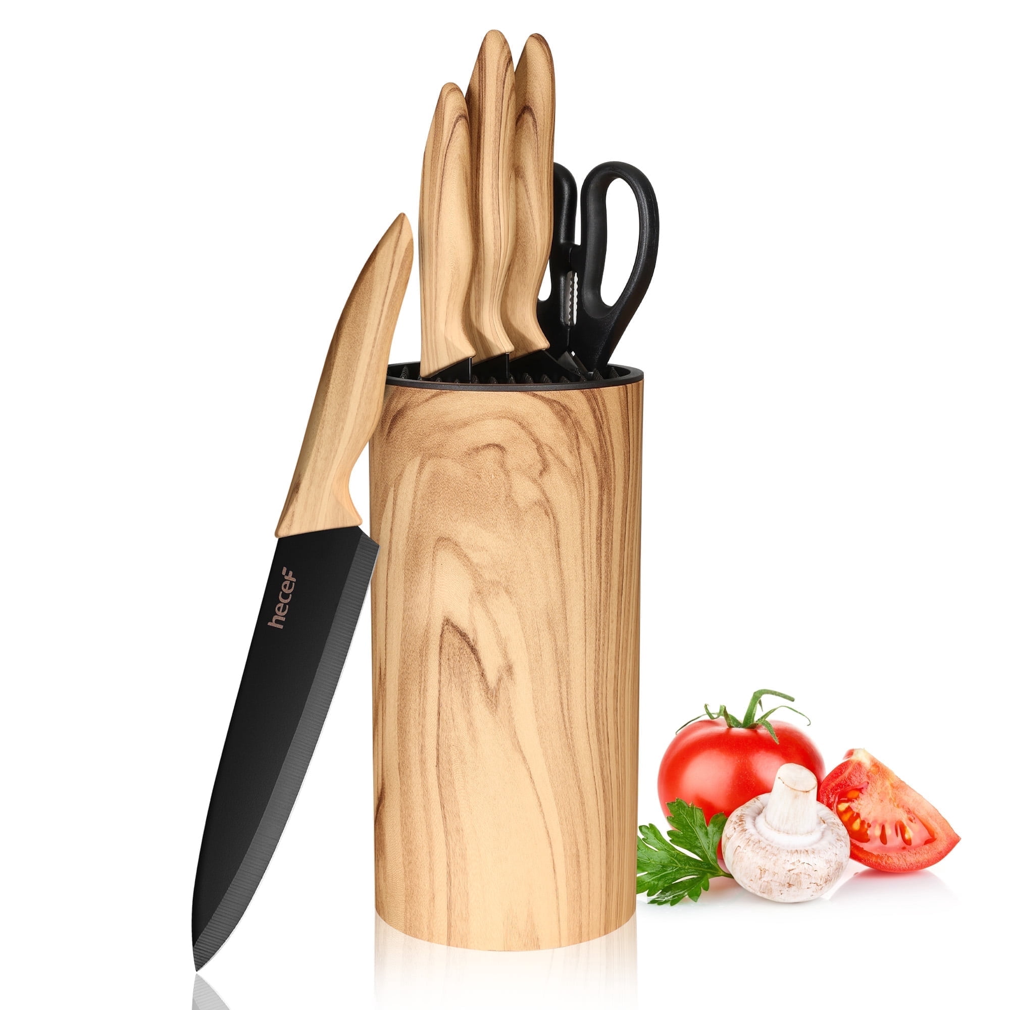 Hecef 6-Piece Kitchen Knife Set with Olive Wood Block, Sharp Stainless Steel Chef Knife Set, Non-Stick Prof Knives.