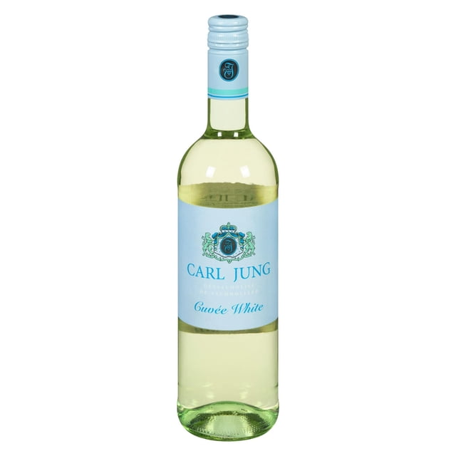 Carl Jung De-Alcoholized Cuvee White Wine 750 ml bottle with pale yellow wine, light blue label featuring the Carl Jung crest and text, and a matching light blue screw cap, offering a non-alcoholic white wine option ideal for pairing with meals or relaxing.