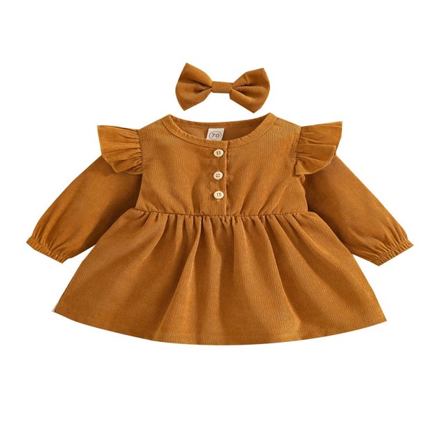 MesaSe Automne Bébé Filles Princesse Robe 2pcs Volant à Manches Longues Bouton Velours Côtelé une Ligne Robe Bandeau Vin Rouge 2-3 Ans