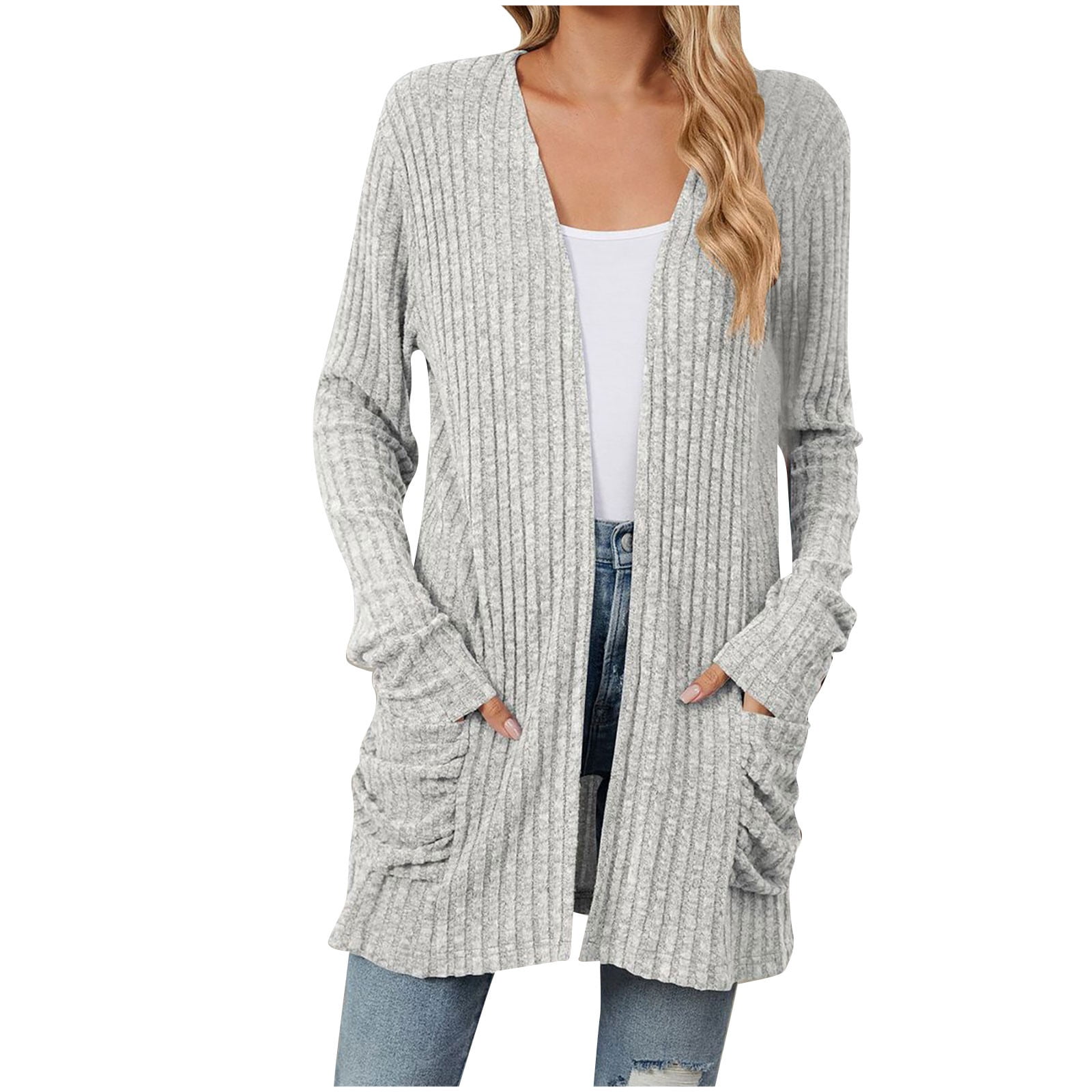 Yuyuzo Cardigan for Women 2025 Fall Ribbed Knit Sweater Open Front Long Sleeve Outwear with Pockets