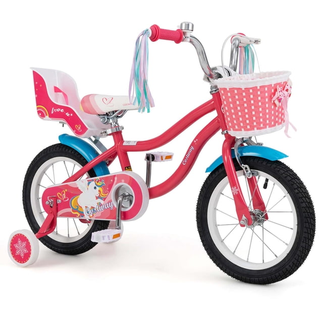 Costway 14 Inch Kids Bike with Basket Doll Seat & Colorful Streamers 2 Training Wheels Pink. A pink kids' bicycle designed for ages 3-5, featuring a front basket, rear doll seat, and colorful streamers. Includes 14-inch anti-wear tires, stabilizing training wheels, and dual braking system with hand and coaster brakes. Adjustable handlebars and saddle ensure a perfect fit for young riders. Ideal for beginners learning to ride.