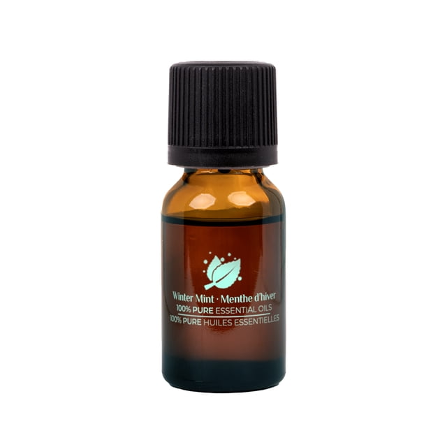 ScentSationals 100% Essential Oil - Winter Mint in a 15 mL amber glass bottle with black child-proof cap, featuring a mint leaf logo and bilingual label, ideal for aromatherapy diffusers to enhance mood and reduce stress.