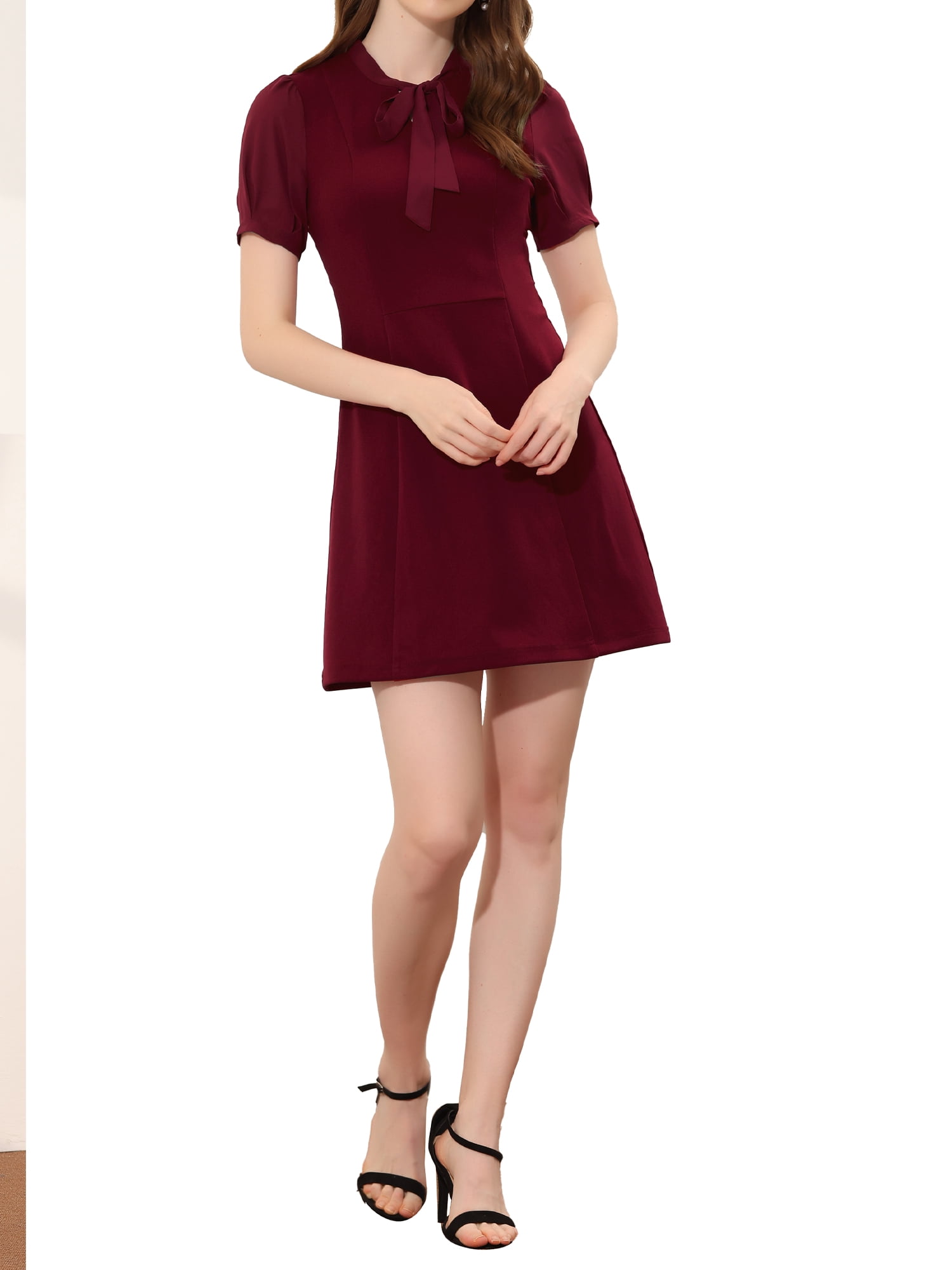 INSPIRE CHIC Robes Élégantes pour Femmes Col à Nouer Manches Courtes Bouffantes Robe de Bureau m Bourgogne