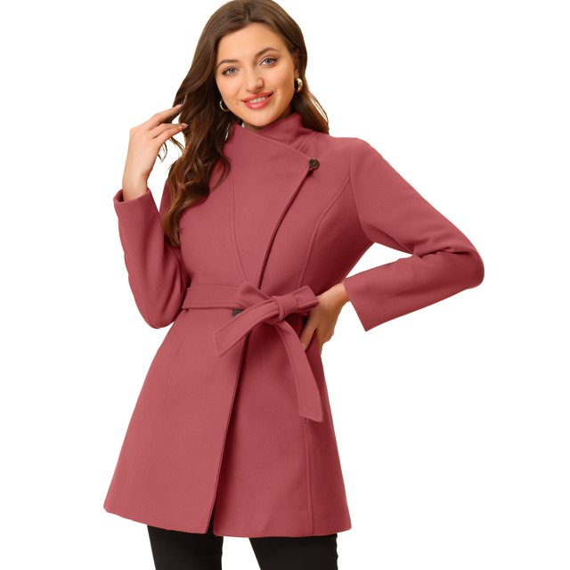 INSPIRE CHIC Manteau Long Classique pour Femme à Col Montant, Manches Longues, d'Hiver, Ceinturé, S Rouge Melon D\'eau