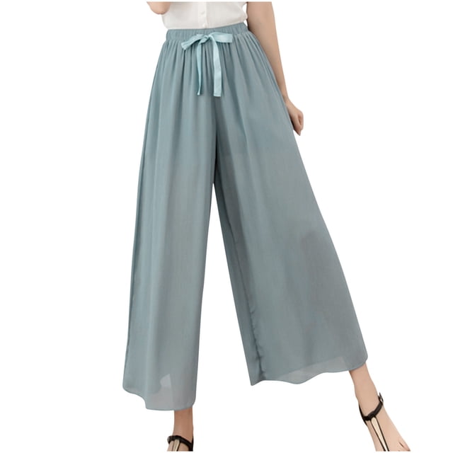 Yuyuzo Boho Pants for Women High Waisted Straight Wide Leg Flowy Cool Slacks Solid Color Lounge Trousers