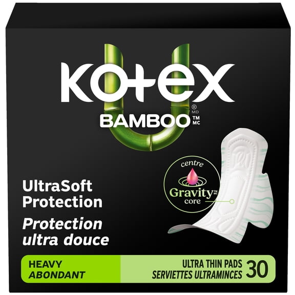 Serviettes ultraminces Kotex Bamboo avec ailes, absorption élevée, 30 unités
