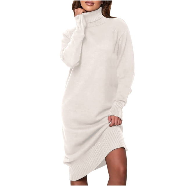 cfhntfmh Robes Chandails pour Femmes Tricot Doux Col Montant Manches Longues Robe Chandail Fête Décontractée Couleur Unie Robe Mini