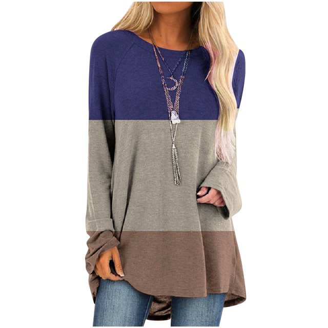 IROINID Deals Ladies Long Sleeve T Shirts Lounge Socket Geometry Printed Round-Neck Tops,Dark Blue