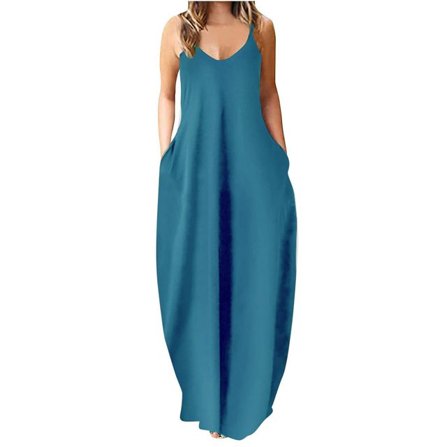 Robe Maxi d'Été pour Femmes Décontractée Bohème Longue Robe Sans Manches à Bretelles Smockée à Volants Longue Plage Soleil Robes