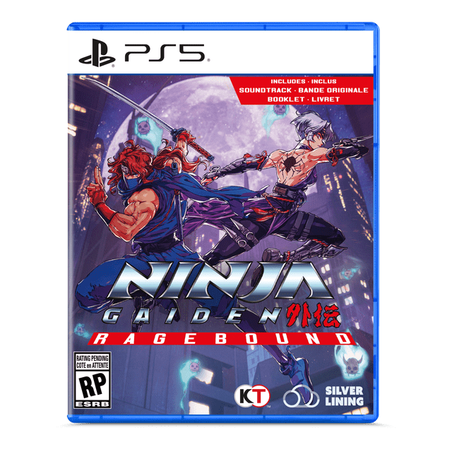Couverture de Jeu PS5 NINJA GAIDEN RAGEBOUND Mettant en Vedette Deux ninjas en poses de combat Dynamiques avec Épées sur Fond de Pleine Lune et de skyline de Ville, Entourés d'Esprits de Crânes Bleus Lumineux, Comprend une Bande Sonore et un Livret, RP Homologué par ESRB, de Silver Lining Interactive et KOEI TECMO.