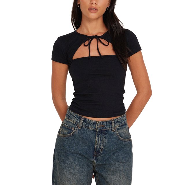 Gupgi Femmes Slim T-Shirts Col Rond Manches Courtes Tie-up Évidés Tee-Shirts Été Hauts