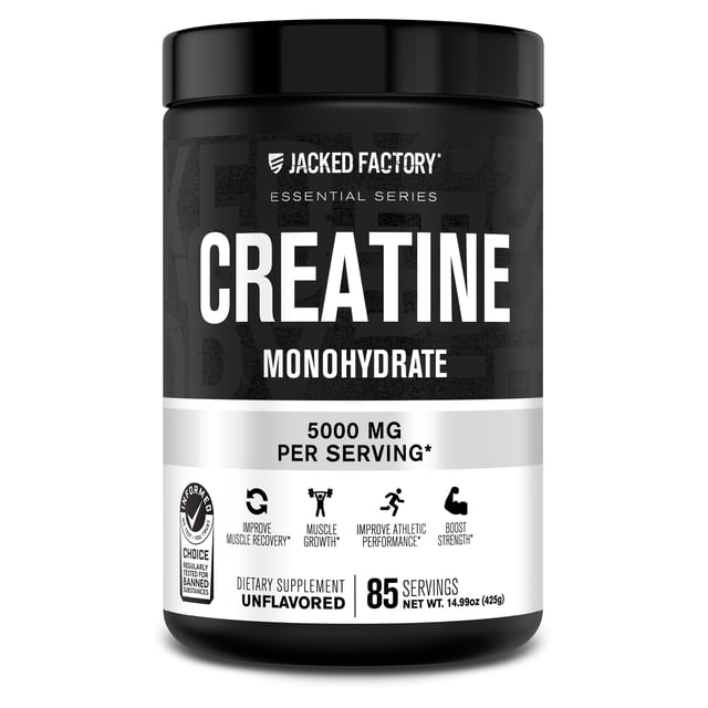 Jacked Factory Creatine Monohydrate Powder 425g - Canadian-Owned Informed Choice Certified Supplement for Increased Muscle Mass*, Improved Strength, Power, & Performance** - 85 Servings, Unflavored. Front-facing 425g supplement container with label; pure creatine monohydrate powder (5,000 mg per scoop as specified), noted for easy mixability in water, shakes or with protein and often used during loading or training phases.