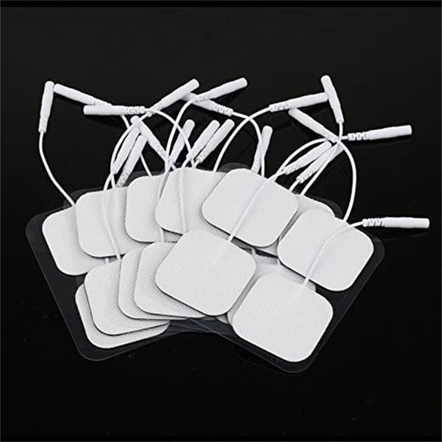 LPSSTORE Universally-Compatible 20 TENS electrodes pads displayed as white square-shaped pads with attached 2mm plug wires. These reusable, self-adhesive pads are made of non-woven cloth and feature bio-compatible hydrogel for strong adhesion and durability. Ideal for TENS machines, they help improve circulation, promote metabolism, and provide effective pain relief therapy.