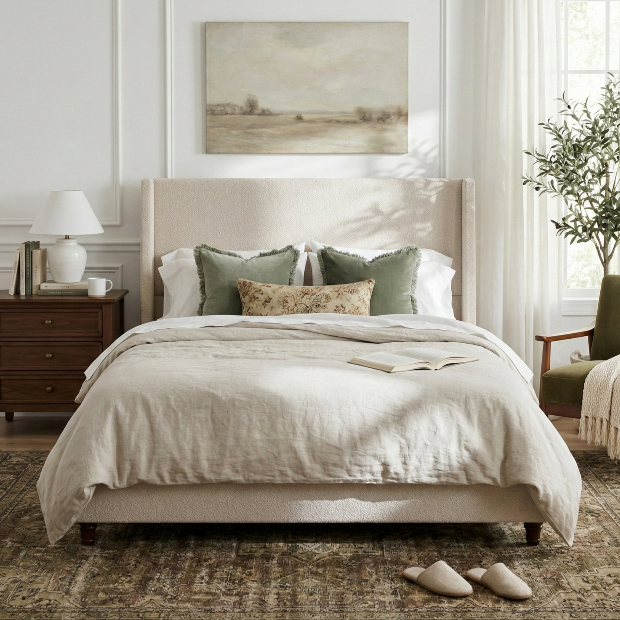 Noble House King Upholstered Wingback Headboard Platform Bed,taupe