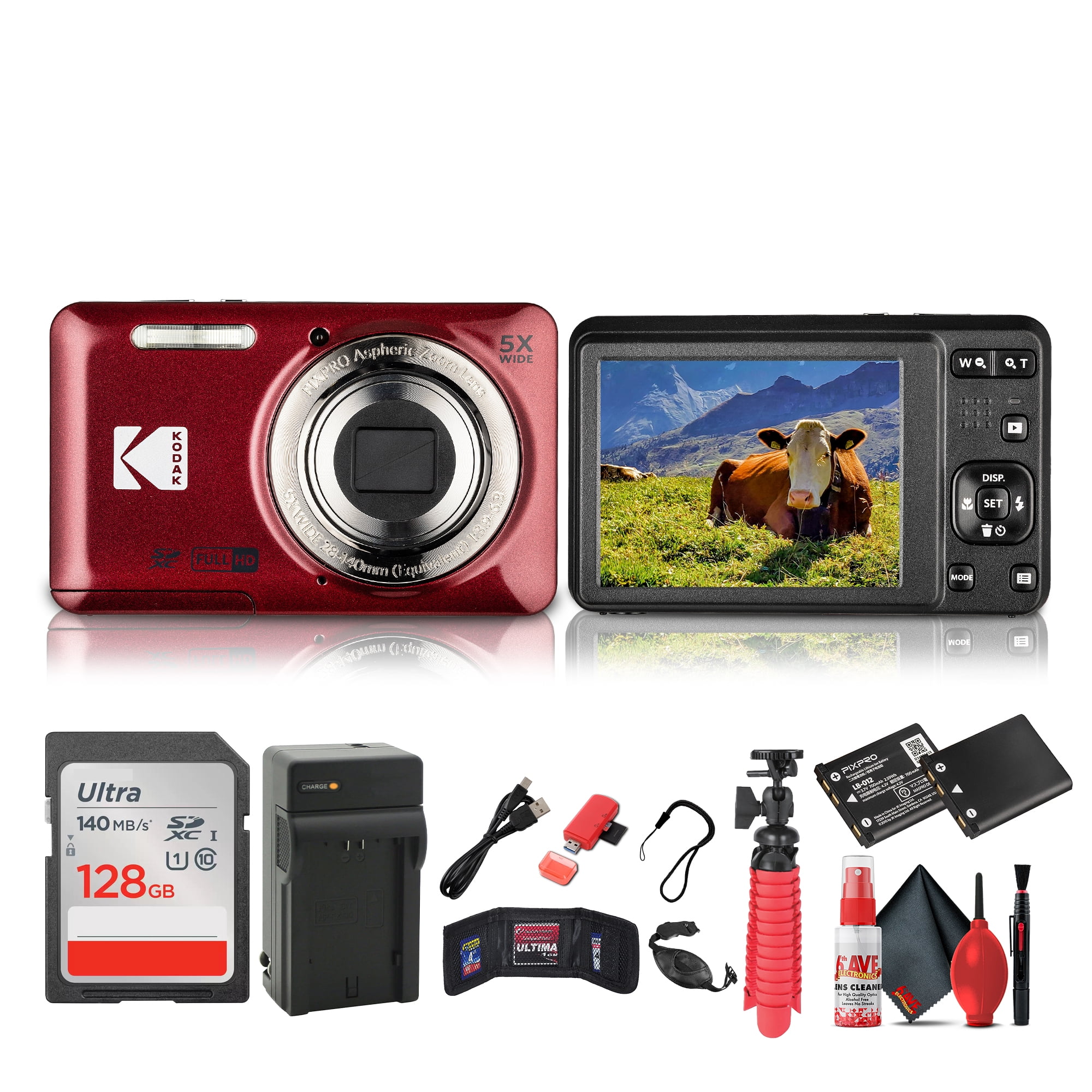 Kodak Pixpro FZ55 Digital Camera (Red) Bundle Including: 128 GB
