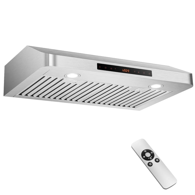 Costway 30" Under Cabinet Range Hood with 4 Fan Speed Adjustable LED Lights Time Setting Silver. A modern stainless steel range hood with gesture control, touch panel, and remote control. Features 900 CFM airflow for efficient smoke removal, quiet operation under 60 dB, and adjustable LED lighting for enhanced kitchen air quality. Includes dishwasher-safe baffle filters and multiple venting options for top or rear exhaust.