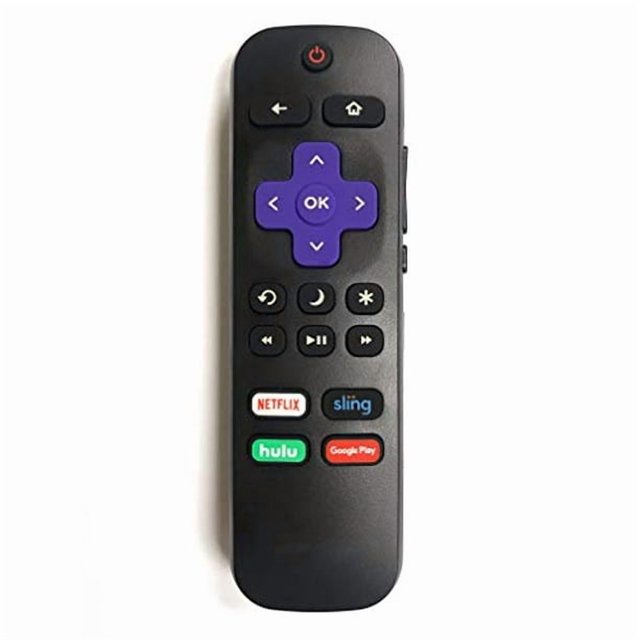 Amaz247 Infrared Replacement Remote Control for Insignia Roku built-in TVs, featuring a black body with a purple directional pad and essential buttons for volume, power, and streaming services like Netflix, Hulu, Sling, and Google Play. Designed exclusively for Insignia Roku TVs, it requires no programming or pairing and operates with 2 AAA batteries (not included).