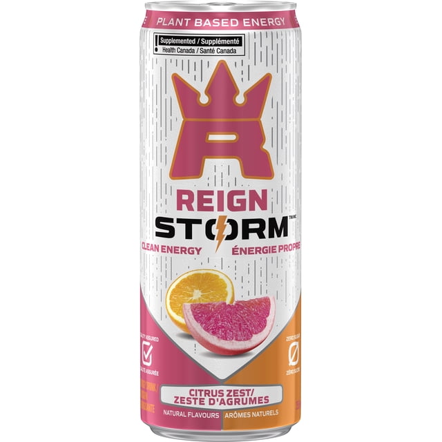 Reign Storm Citrus Zest energy drink can with white textured background and vertical black lines, featuring a large pink crown logo outlined in orange. The can promotes plant-based clean energy with 140 mg caffeine, zero sugar, and natural citrus flavours from grapefruit and orange slices shown on the label. Bilingual English and French text highlights natural flavours and Health Canada supplement status.